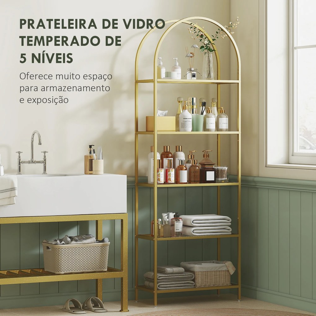 Estante de Vidro de 5 Níveis Estante de Arrumação Estrutura Arqueada Estante Estreita 60x30x175 cm Dourado