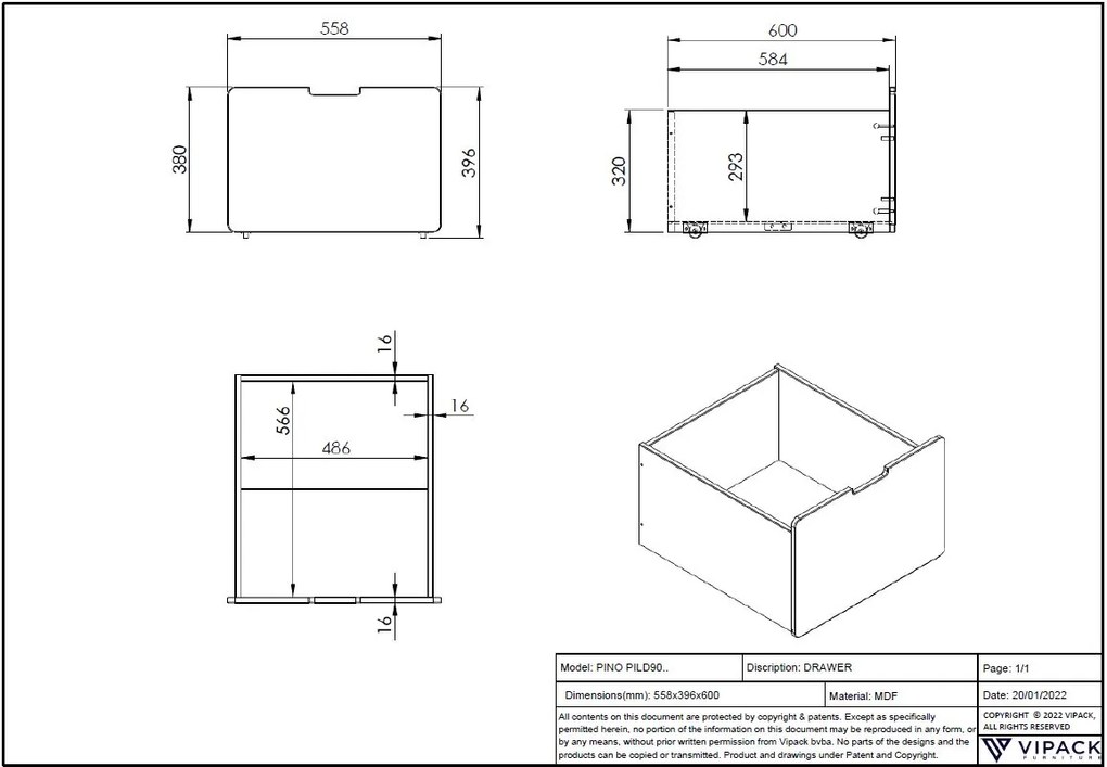 Conjunto Cama alta de Criança PINO 90 x 200 cm + estrado + escada + escorrega + conjunto de 2 gavetas e prateleira suspensa Branca