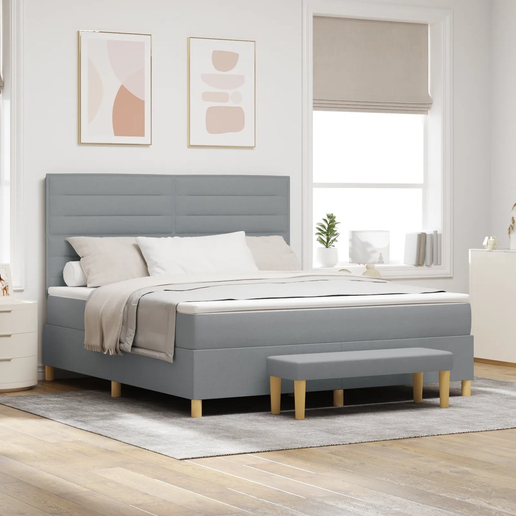 vidaXL Cama Box com Colchão e Banco Cinza Claro 180x200 cm Tecido