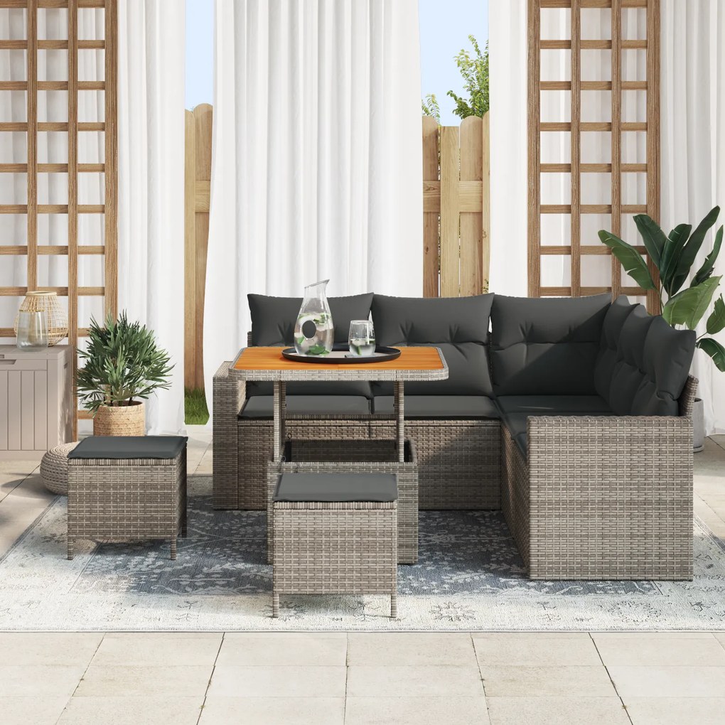 Conjunto de Sofá de Jardim de 8 Peças com Almofadas Cinza Polirattan A