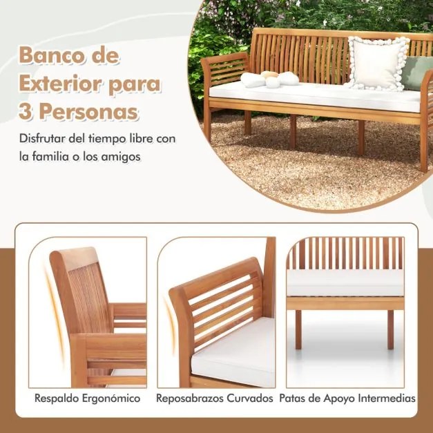 Banco de madeira para jardim com 3 lugares Banco de acácia com 159 cm de comprimento e almofadas macias Apoio para as costas Apoio para os braços para