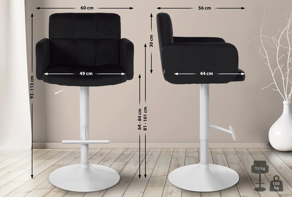 Banco de bar Los Angeles em veludo com estrutura branca 93-113 x 60 x 56 cm Preto