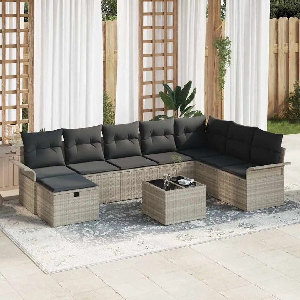 vidaXL Conjunto de Sofá de Jardim 9 Peças com Almofadas em Cinza Claro de Polirattan.