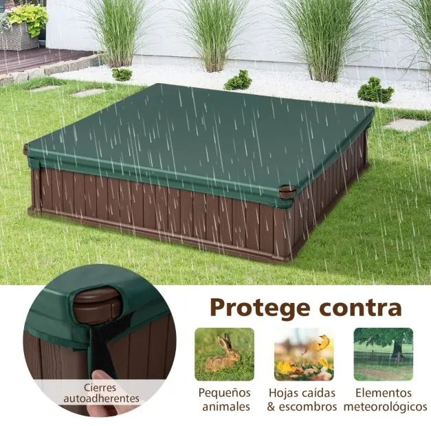 Caixa de areia infantil ao ar livre em HDPE 123,5 x 123,5 x 31,5 cm com tampa Oxford 4 assentos de canto Castanho