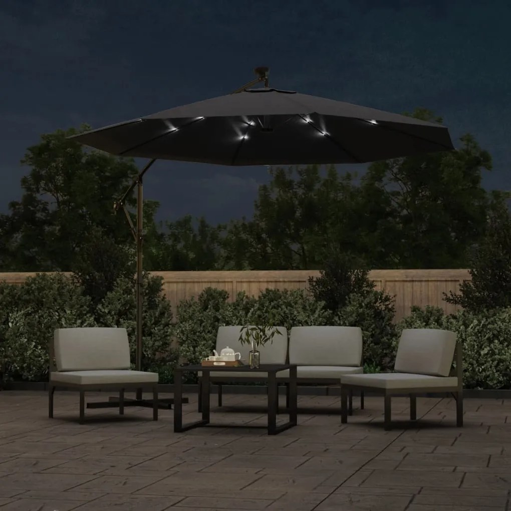 Guarda-sol cantilever c/ luzes LED e poste de aço 300 cm preto