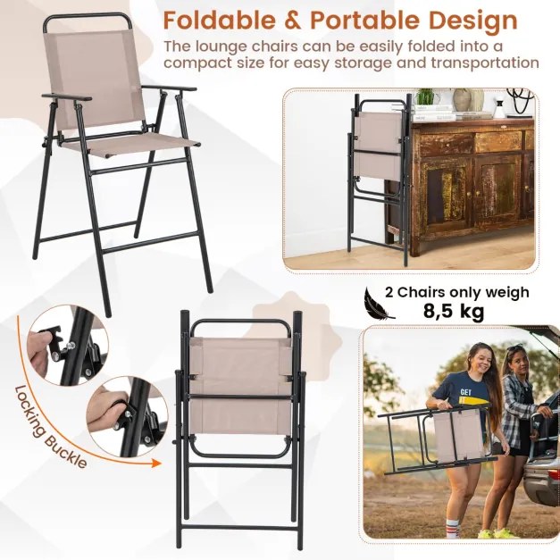 Conjunto de 2 bancos altos rebatíveis Jardim com estrutura metálica em tecido respirável e apoios para os braços Apoio para os pés para o pátio 53 x 6