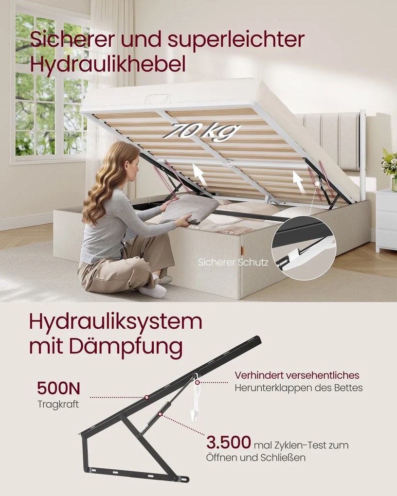 Estrutura de cama 160 x 200 cm (COLCHÃO NÃO INCLUIDO) com arrumação sob a cama; cabeceira em bege cappuccino