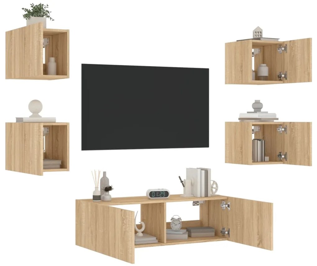 5 pcs móveis de parede para TV com luzes LED carvalho sonoma