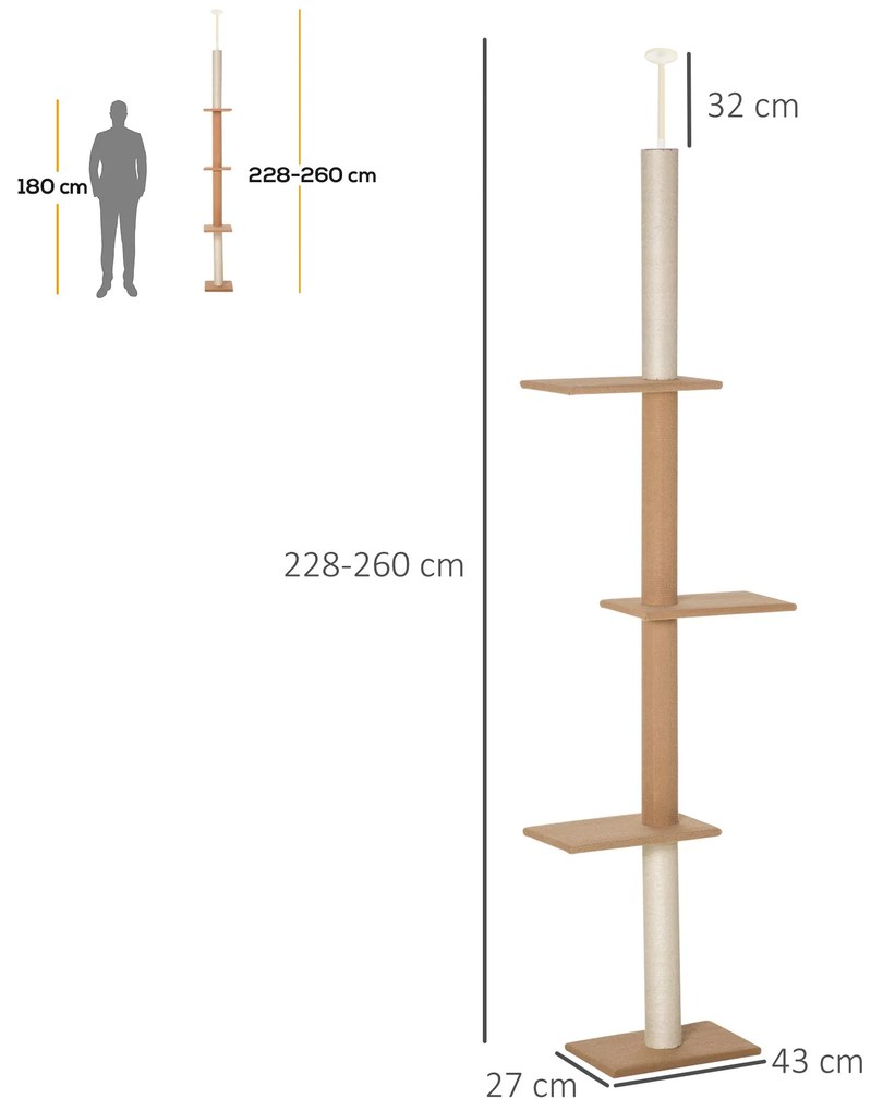 PawHut Arranhador para Gatos de Chão ao Teto 43x27x228-260 cm Torre pa