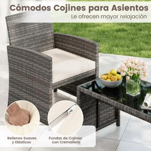 Conjunto de Jardim, 4 peças em rattan com almofadas e tampo em vidro temperado, para jardim, alpendre ou varanda, cinzento e Creme