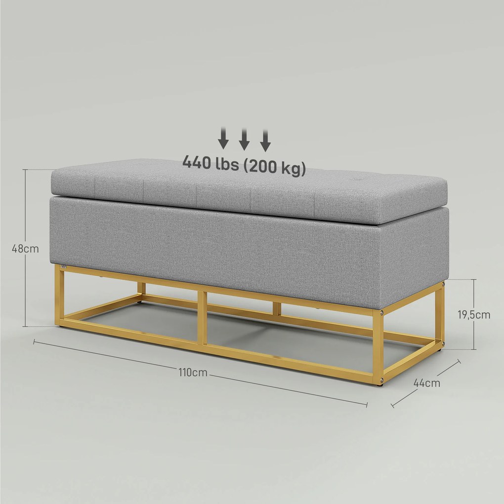 Banco de Armazenamento Retangular Estofado em Linho com Pés de Aço para Sala de Estar Dormitório 110x44x48 cm Cinza