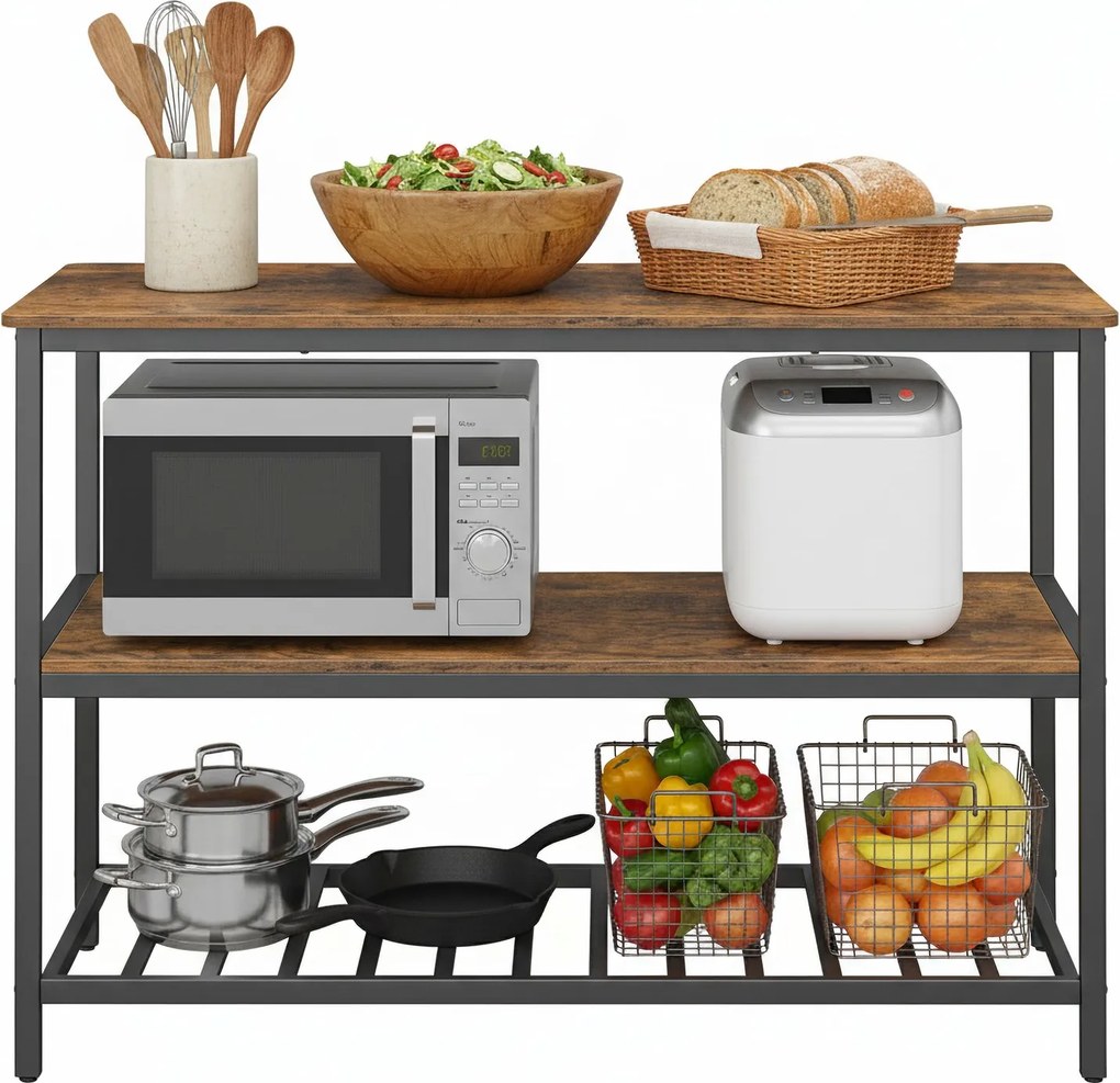 Armário de cozinha com grande bancada 60 x 120 x 90 cm, prateleira para micro-ondas com 3 níveis, estrutura em aço castanho-preto