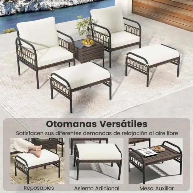 Conjunto de movéis de jardim em vime tecido com cadeiras otomanas e mesa de café Almofadas confortáveis Castanho misturado + bege