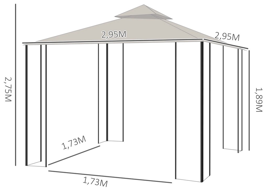 Outsunny Gazebo de jardim 3x3m com 4 cortinas laterais com zíper e tel