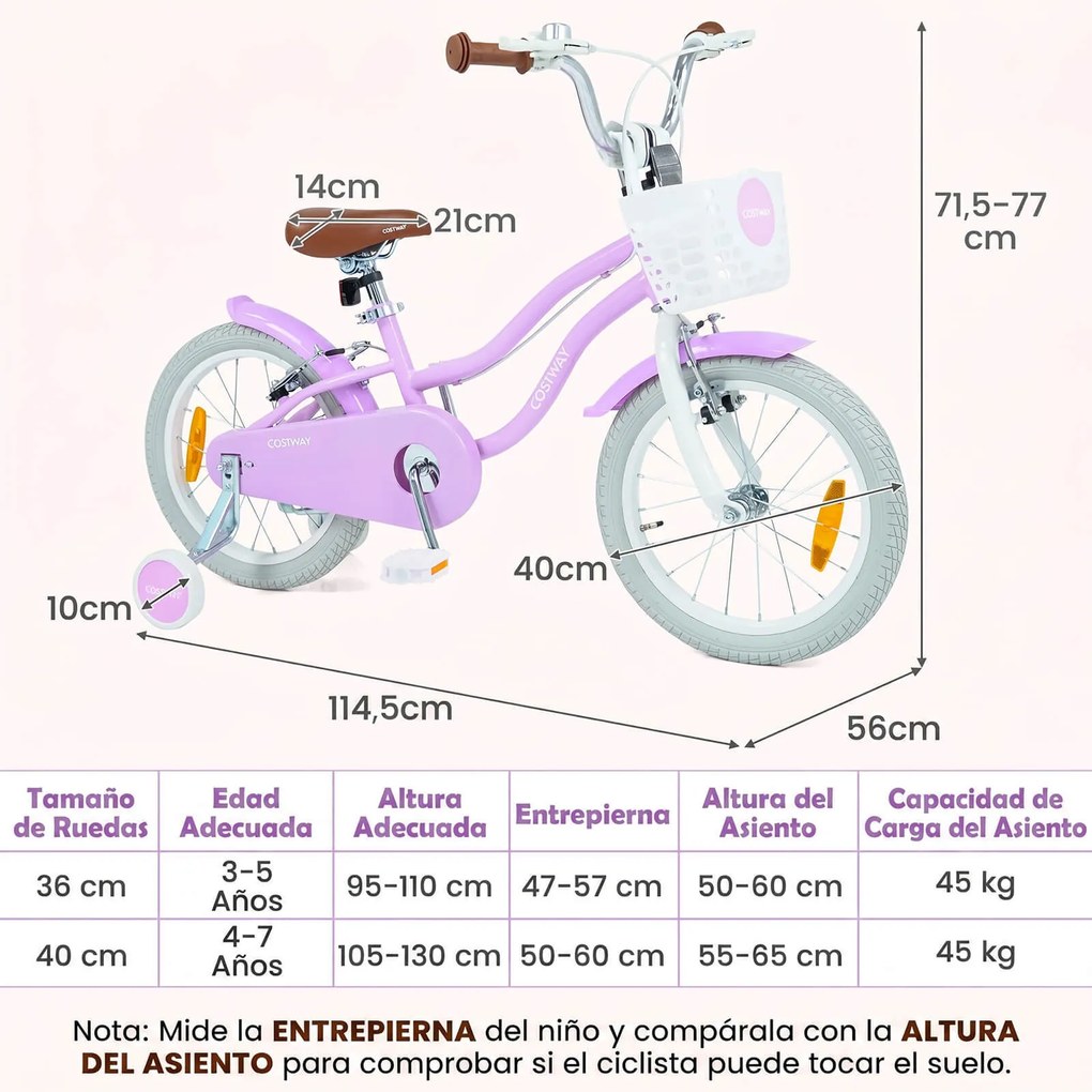 Bicicleta Infantil para Menina 4-7 Anos, 114,5 x 56 x 71,5-77 cm, Rodas de Apoio Removíveis, Roxo