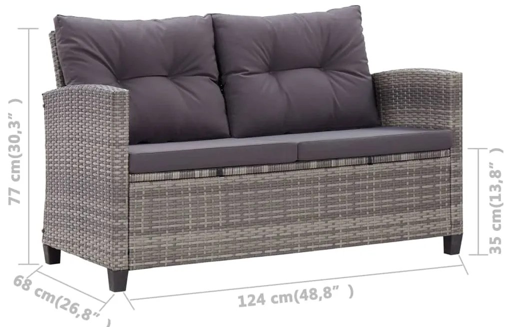 3 pcs conjunto jantar p/ jardim c/ almofadões vime PE cinzento