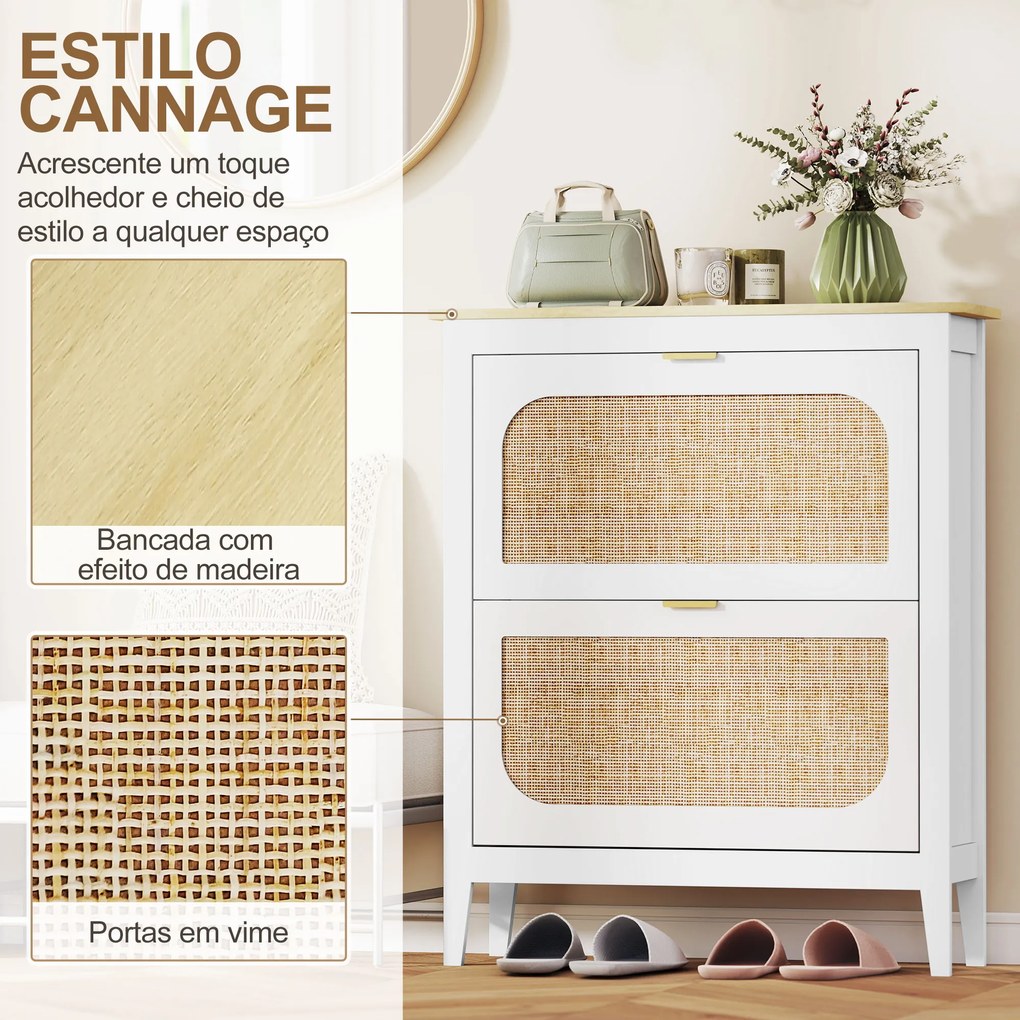 Sapateira Estreita com 2 Portas em Vime e Prateleiras Ajustáveis para 14 Pares de Sapatos 105x24x95,5 cm Branco
