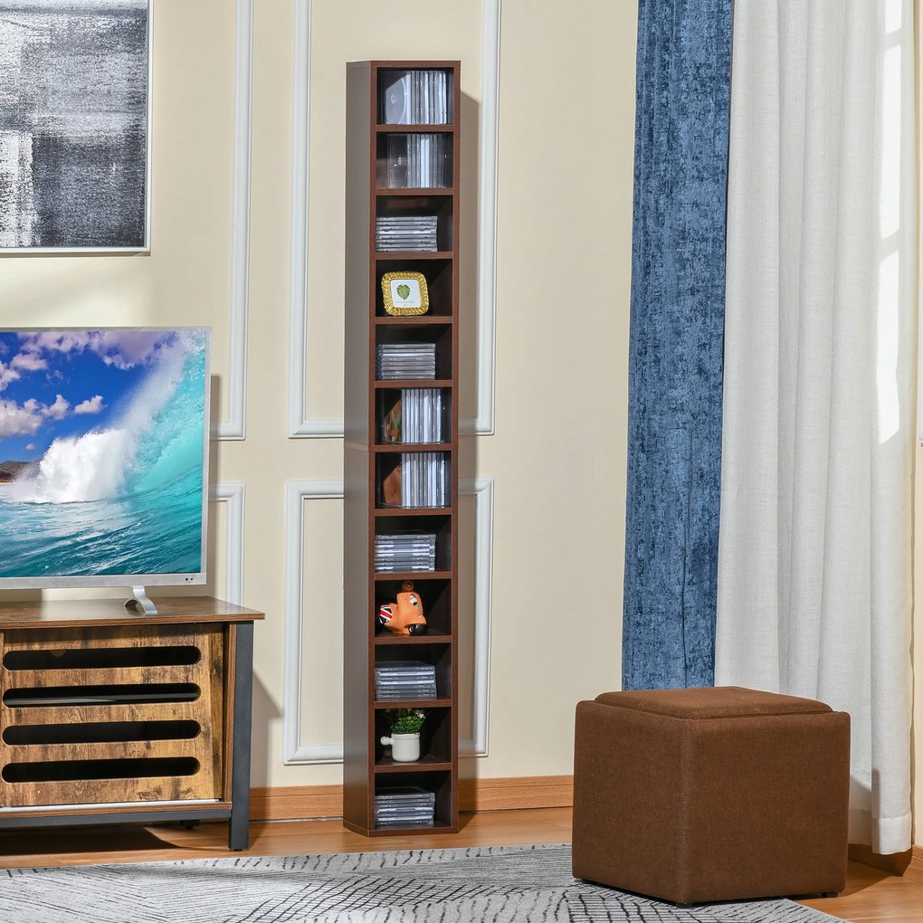 Organizadores para CD e DVD, estante vertical, móvel de arrumação com 12 compartimentos, capacidade máxima de 204 CD, 21 x 20 x 175 cm, castanho
