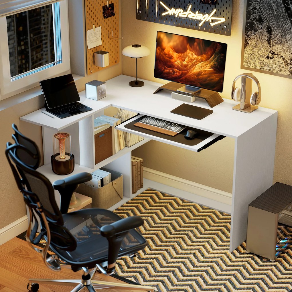 Secretária de canto 120 x 100 x 76 cm em L com prateleiras de arrumação, tabuleiro deslizante para teclado, branco