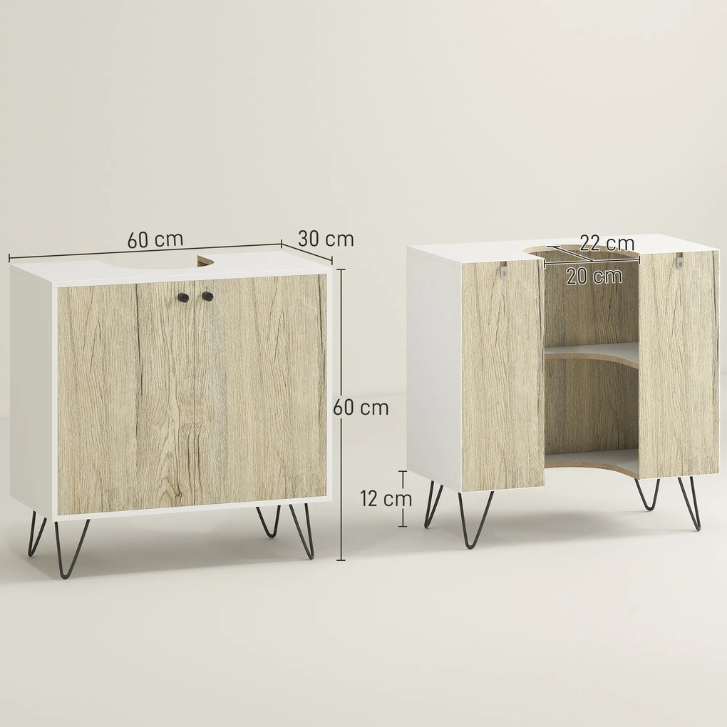 Móvel para lavatório (NÃO INCLUIDO), móvel de casa de banho com 2 portas, pés em aço, 60 x 30 x 60 cm, branco e madeira natural