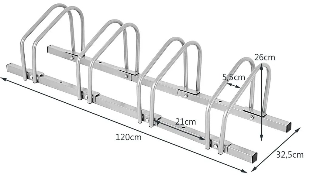 Estacionamento para 4 bicicletas de chão, Estacionamento metálico para casa Centro comercial Estacionamento 120 x 32,5 x 26 cm cinzento