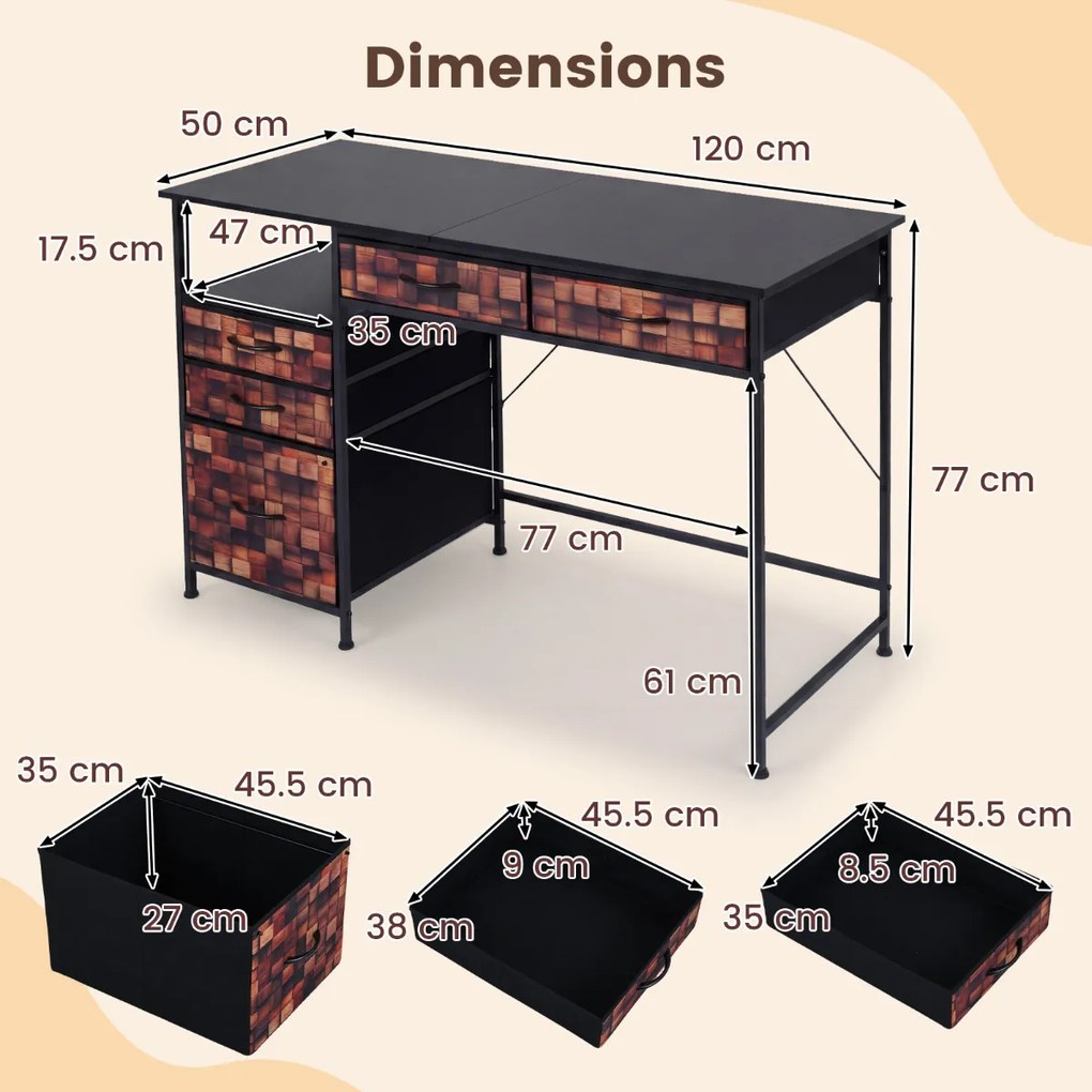 Secretária para computador 120 x 50 x 77 cm com prateleira e gavetas em tecido, estrutura metálica Castanha