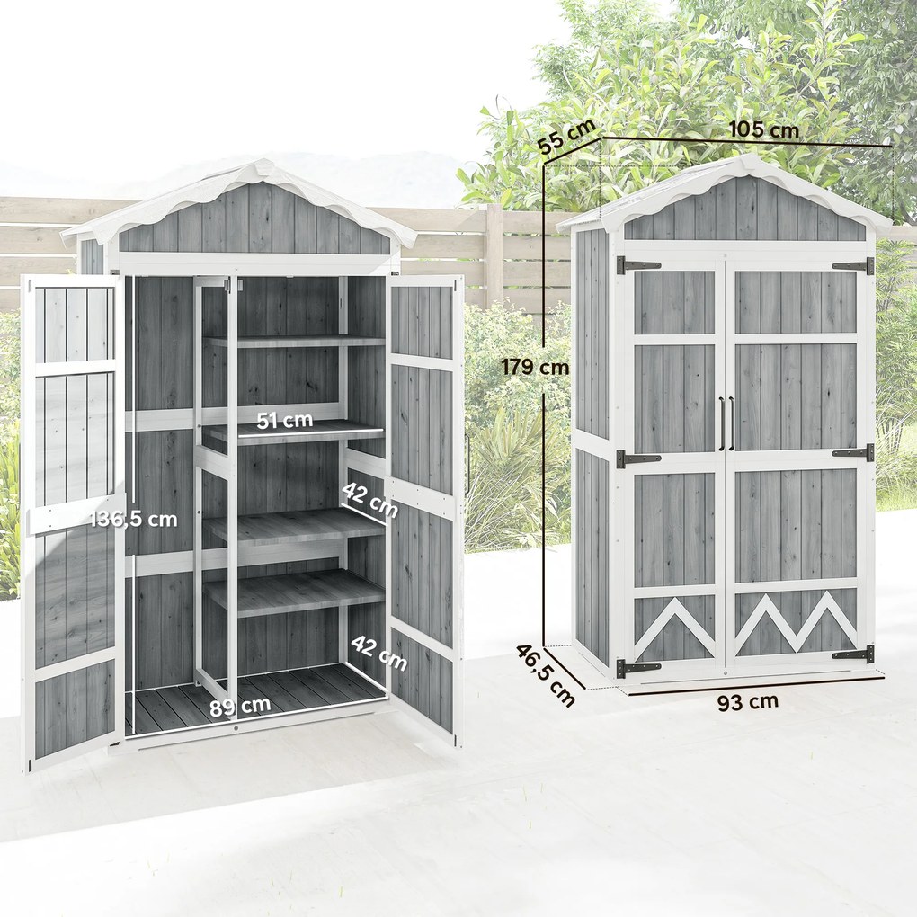 Armário de Jardim de Madeira 105x55x179 cm Abrigo de Exterior com Portas 4 Prateleiras Extraíveis Teto Metal Galvanizado Cinza