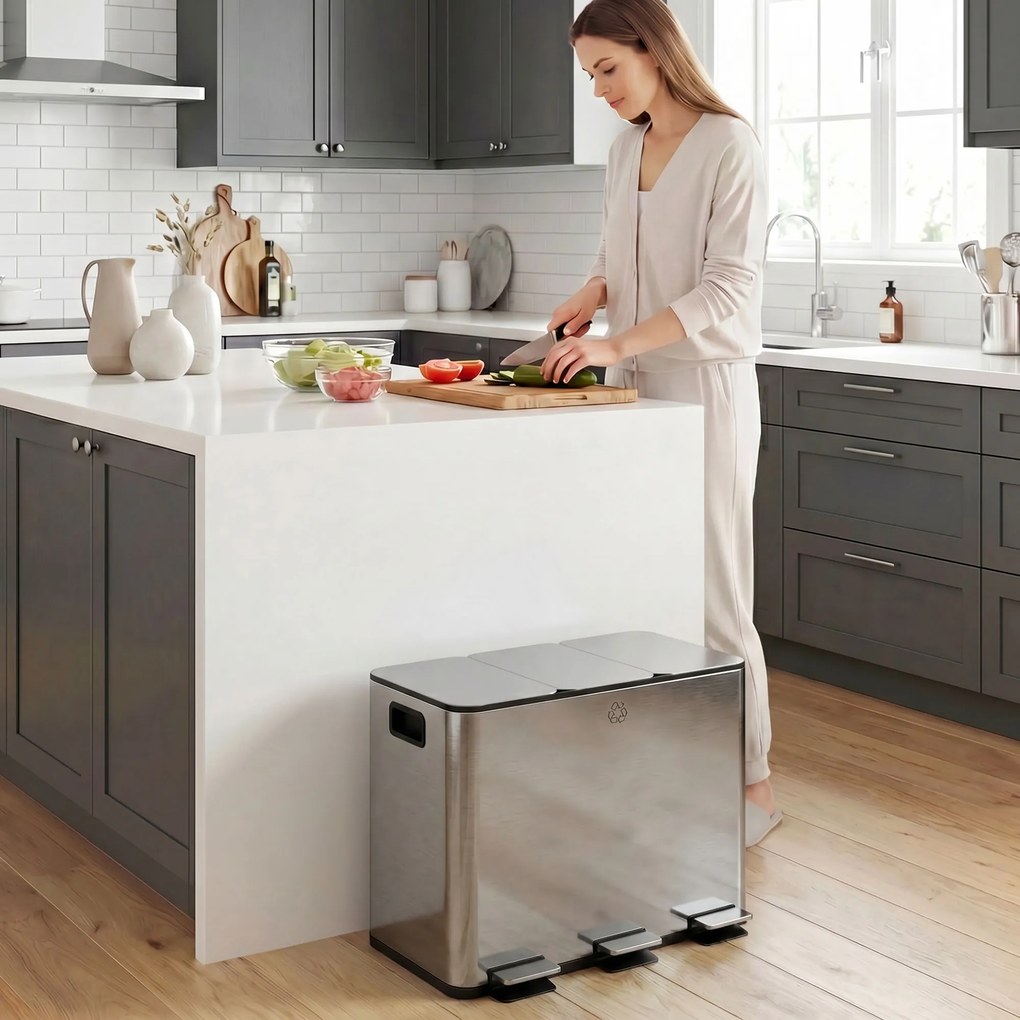 Caixote do lixo de cozinha, caixote do lixo para separação seletiva, 3 compartimentos de 20 L, baldes interiores removíveis, 61,9 x 36,6 x 56,7 cm, pr