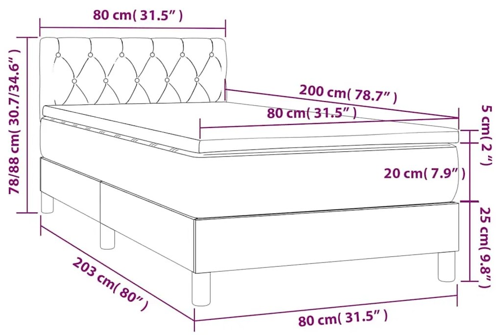 Cama box spring c/ colchão/LED 80x200 cm veludo cinzento-escuro