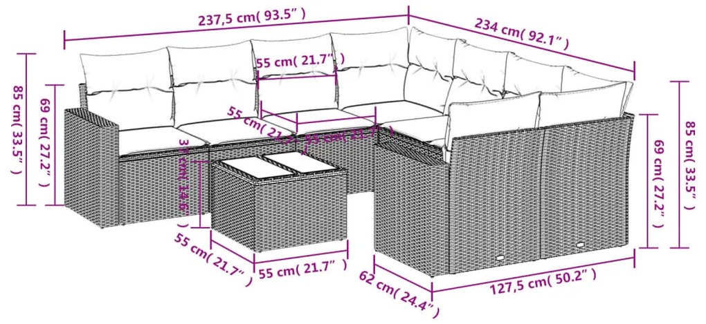 9 pcs conjunto sofás p/ jardim com almofadões vime PE cinzento