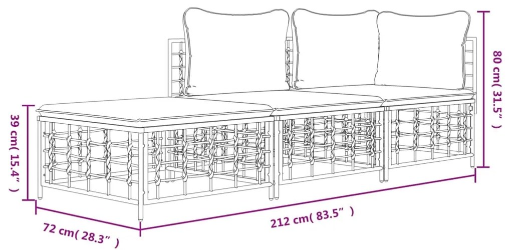 3 pcs conjunto lounge de jardim c/ almofadões vime PE antracite
