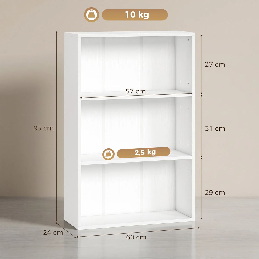 Estante de arrumação com 3 compartimentos e prateleira ajustável, 60 x 24 x 93 cm, branca
