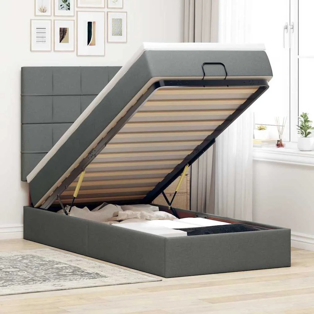 Cama Otomana com colchão & LEDs 80x200cm tecido cinza-escuro