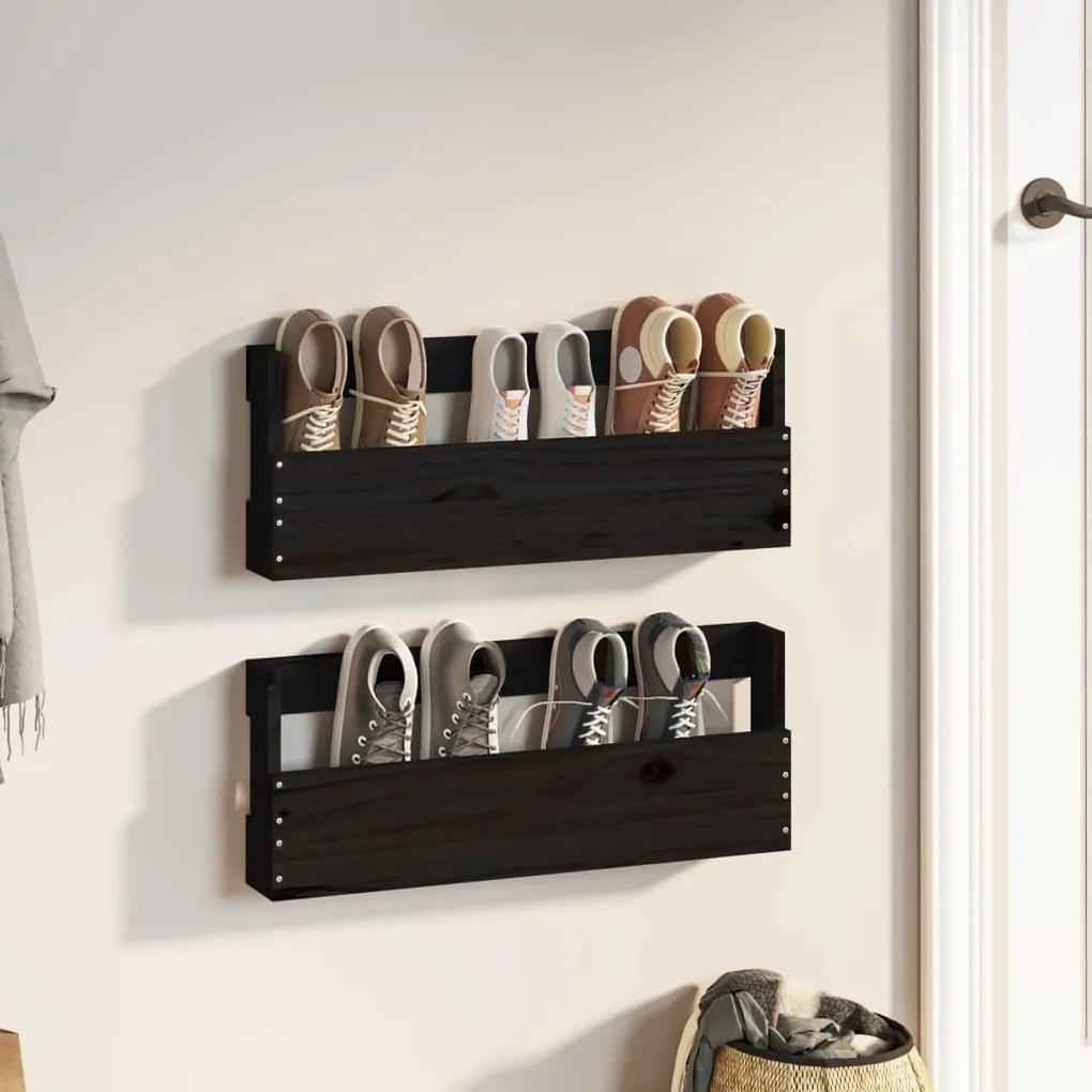 822520 vidaXL Sapateiras de montagem na parede 2 pcs 59x9x23 cm pinho preto