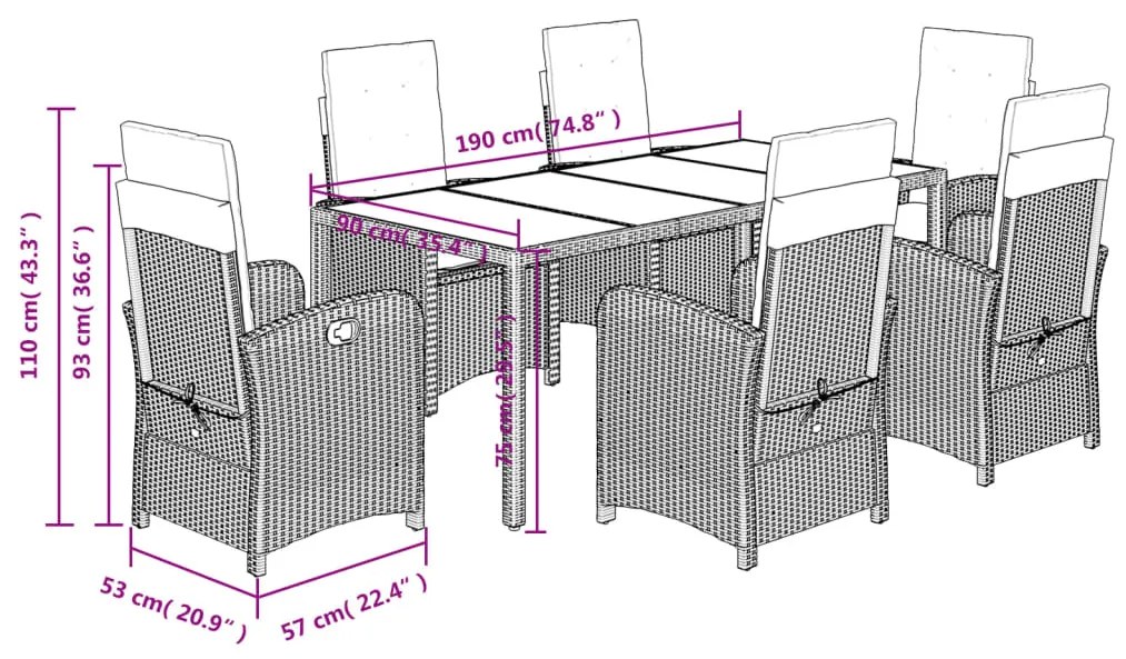7 pcs conjunto de jantar p/ jardim c/ almofadões vime PE preto