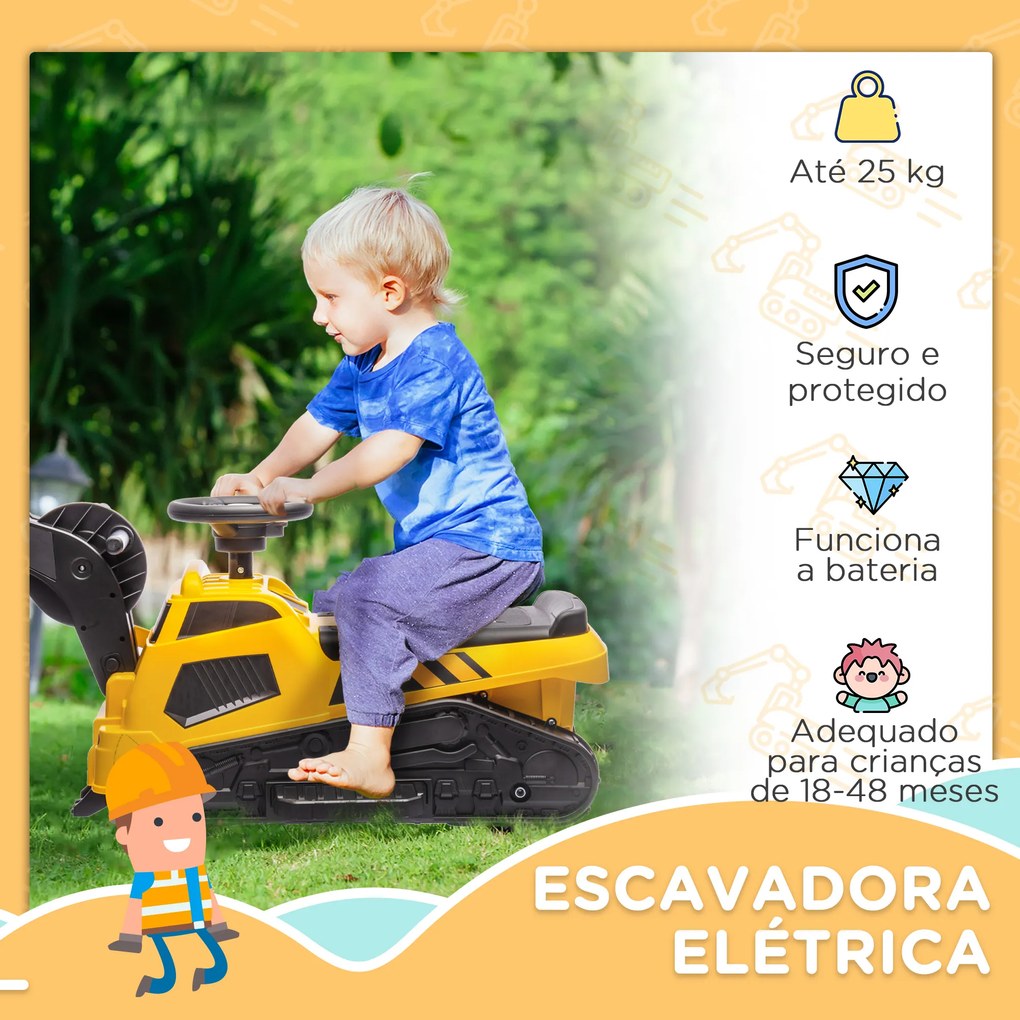 Escavadora Elétrica para Crianças Veículo Infantil 3 em 1 com Bateria 6V Pá e Rolo Compressor 100x43x48,5 cm Preto e Amarelo