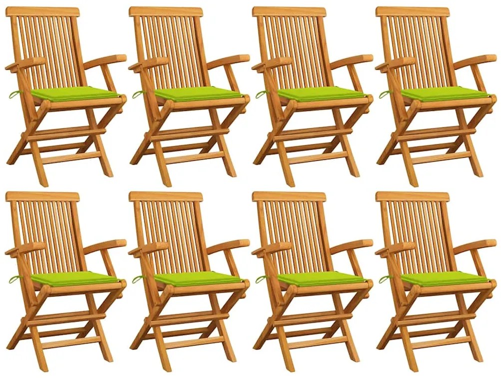 vidaXL Cadeiras jardim c/ almofadões verde brilhante 8 pcs teca maciça