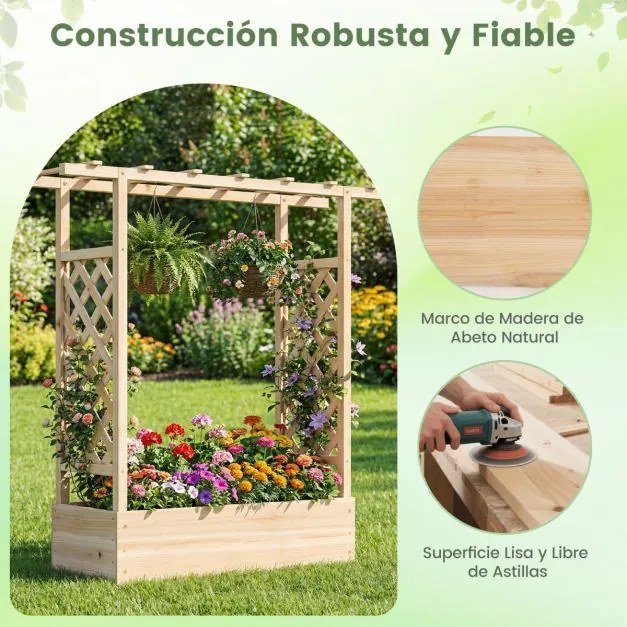 Floreira de jardim elevada em madeira com treliça 110 x 35 x 114 cm, teto suspenso, orifícios de drenagem, abeto, para plantas trepadeiras natural