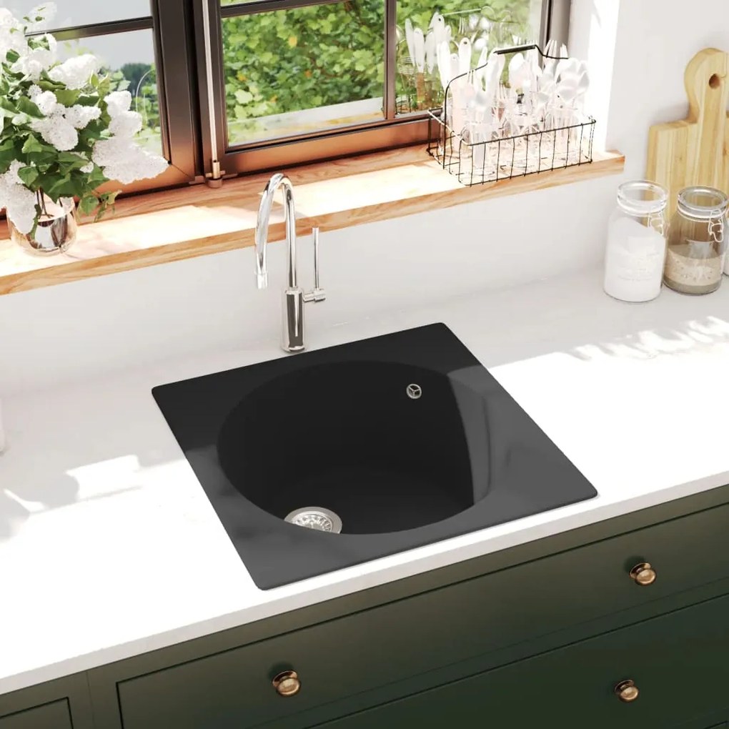 vidaXL Lava-louça cozinha c/ orifício extravasamento granito preto