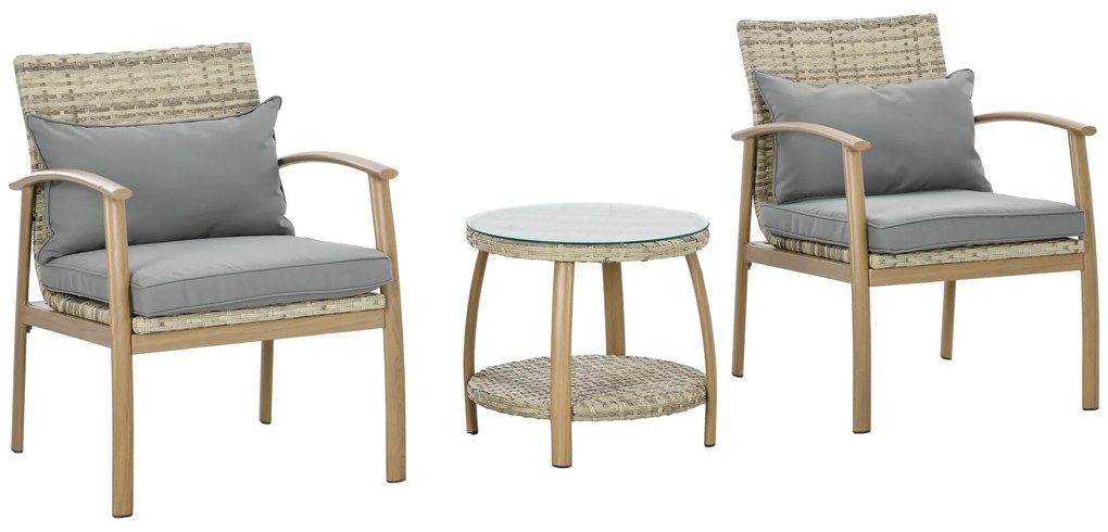 Outsunny Conjunto Cadeiras Mesa Vime Estrutura Alumínio 2 Cadeiras Mesa Vidro Temperado Jardim Terraço Natural e Marróm | Aosom Portugal