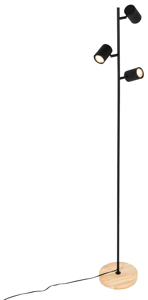 Candeeiro de pé moderno preto com madeira 3 luzes - Jeana Moderno,Industrial