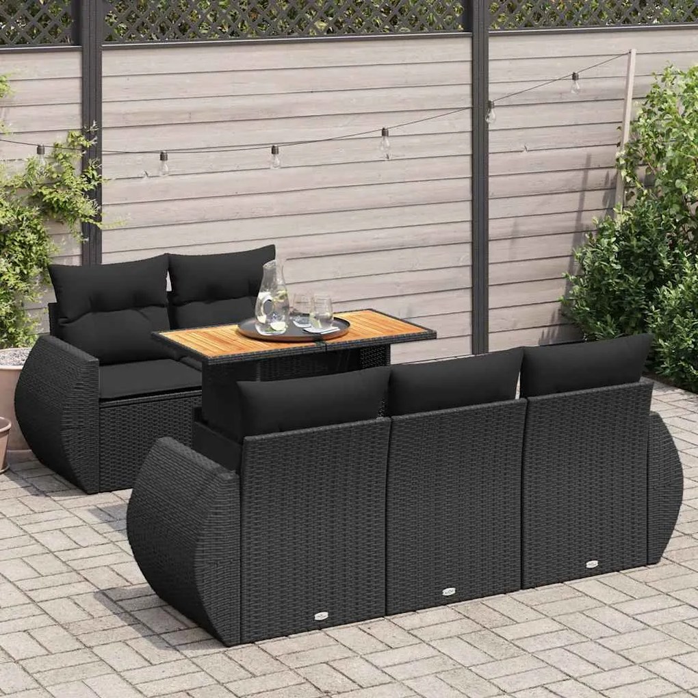 6 pcs conjunto sofás de jardim c/ almofadões vime PE preto