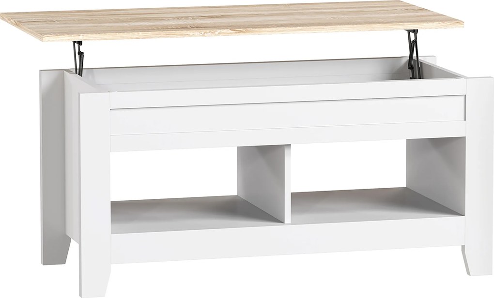 HOMCOM Mesa de Centro com Bancada Elevável 2 Compartimentos Abertos Bancada de Madeira 105x50x49 cm Branco e Madeira | Aosom Portugal