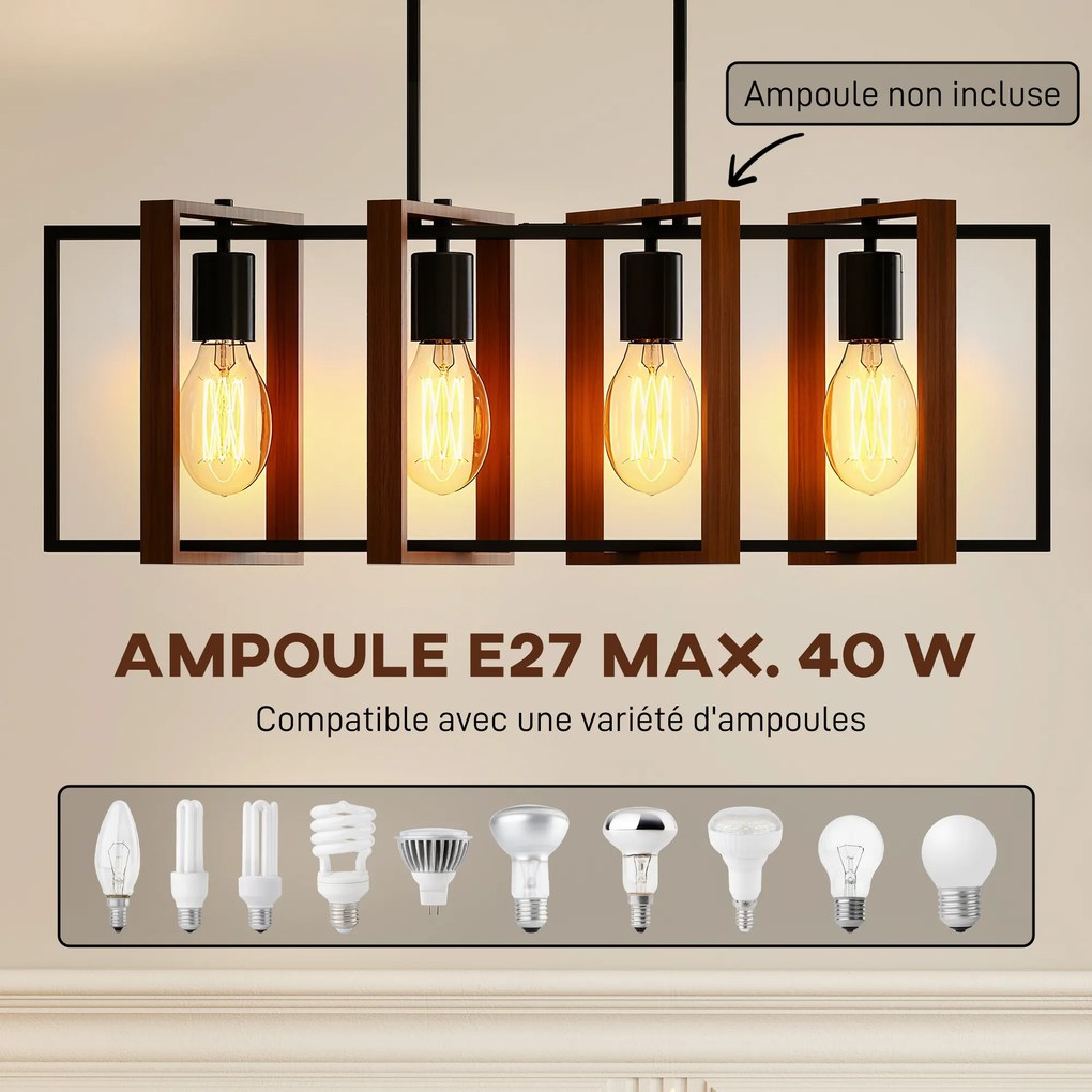 Candeeiro suspenso moderno, lustre de teto com 4 armações giratórias e altura ajustável, 80 x 21 x 90-130 cm, preto, cor castanho nogueira