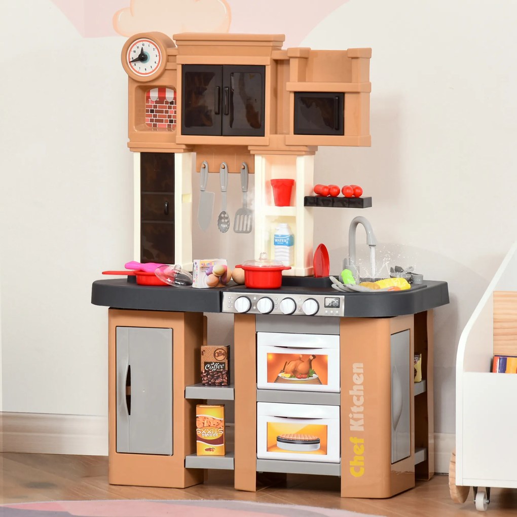 HOMCOM Cozinha Infantil com 58 Peças para Crianças acima de 3 Anos Cozinha de Brincar com Luz Sons Lavatório Torneira com Água e Forno 63x35x84cm Marrom