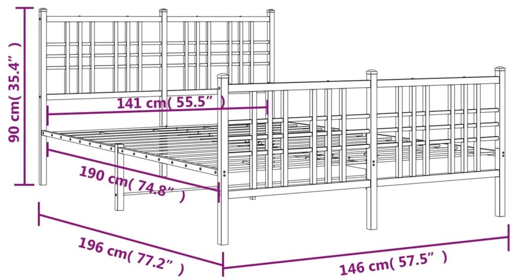 Estrutura de cama com cabeceira e pés 140x190 cm metal branco