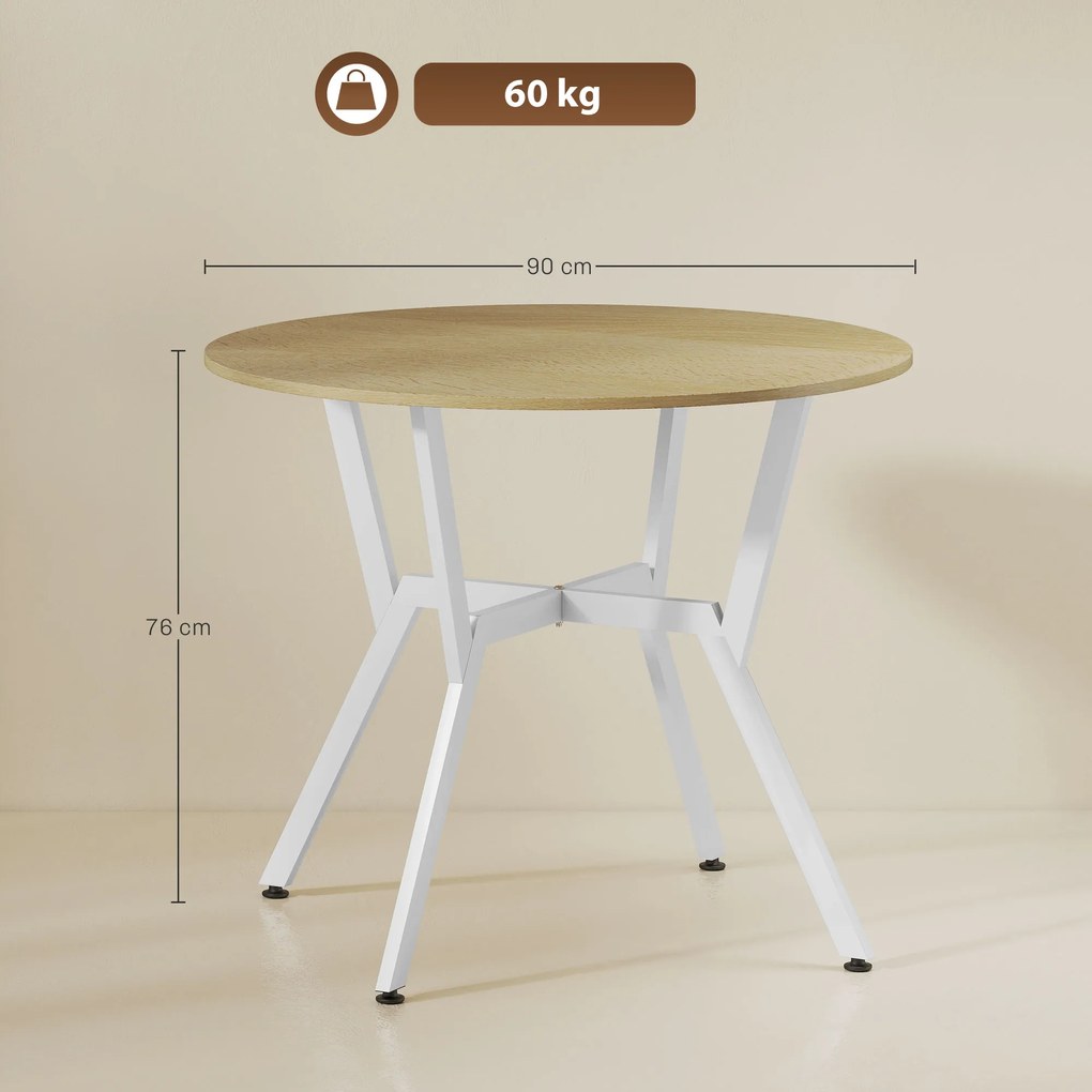 Mesa de Refeição Redonda Mesa de Jantar Estilo Industrial com Bancada de Madeira e Estrutura de Aço Ø90x76 cm Madeira e Branco