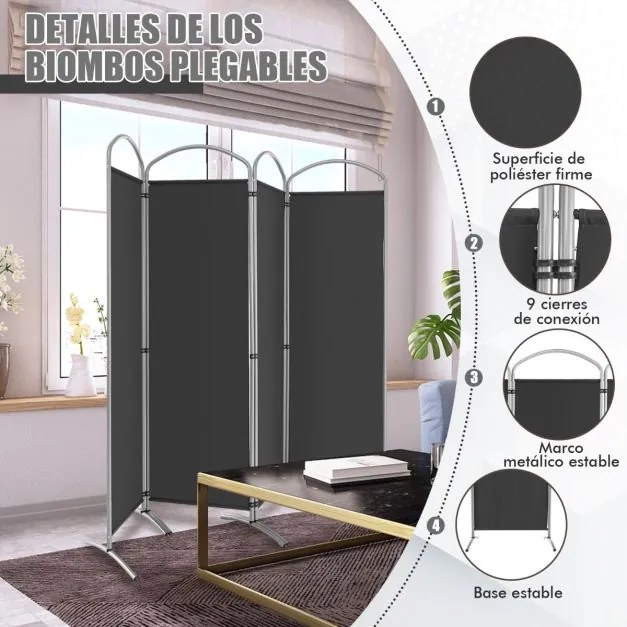 Biombo dobrável 221 x 51 x 188 cm de 4 painéis divisória de espaços com tela de tecido para varanda, escritório, sala de estar Cinzento