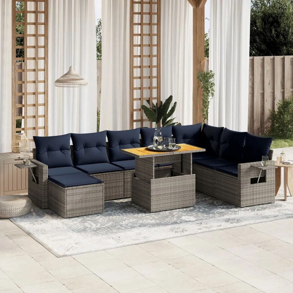 vidaXL 9 pcs conjunto sofás p/ jardim c/ almofadões vime PE cinzento