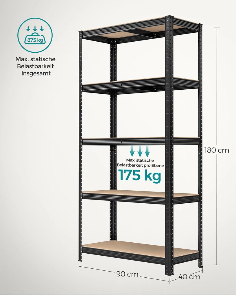Conjunto de 2 estantes de arrumação garagem, escritório, arrumos 180 x 90 x 40 cm Preto